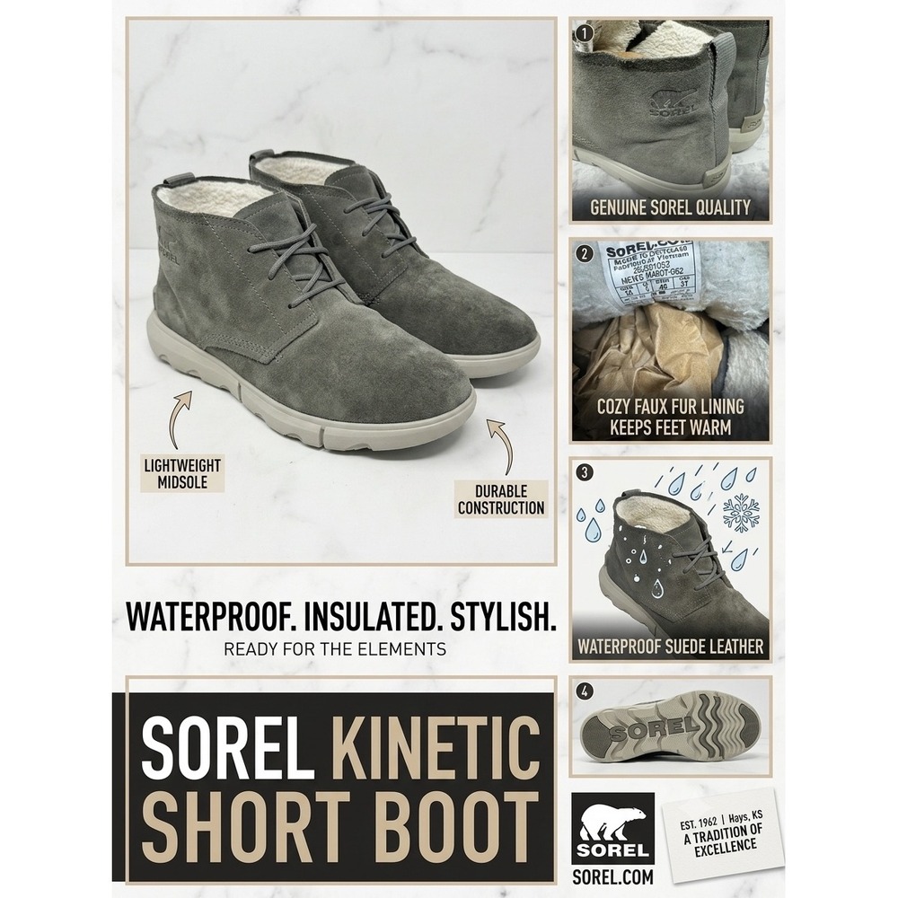 Sorel Kinetic Short Boot Mens 13 Quarry Grey Waterproof Suede‎ Faux Fur Lined
